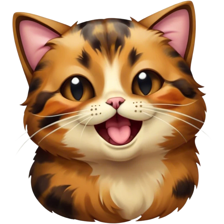 Cinematic Cute Yawning Tortoiseshell Cat Portrait Emoji, Head slightly tilted with a wide, adorable yawn and half-closed, dreamy eyes, featuring a warm, mottled fur of rich browns and blacks, simplified yet irresistibly cute, highly detailed, glowing with a soft, slumbering radiance, high shine, exuding a relaxed, drowsy charm, styled with a gentle, soft glowing outline, capturing the essence of a tortoiseshell cat in a precious moment of sleepy delight! emoji