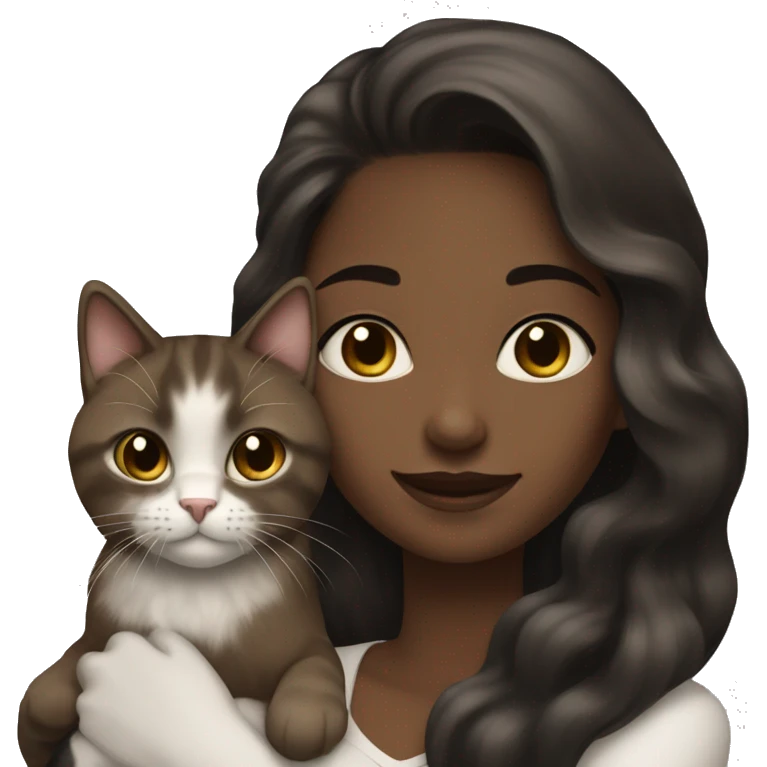long wavy haired brown skin woman holding black and white cat emoji