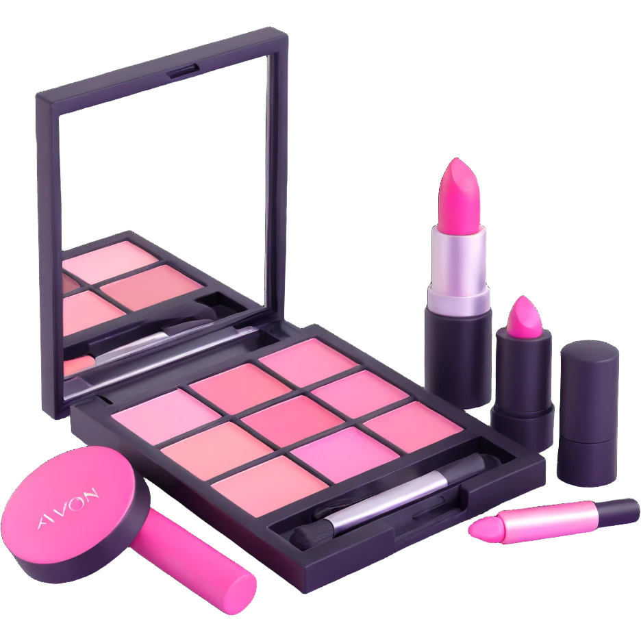 Pink AVON makeup set with pink lipstick, pink blush, and pink eyeshadow palette emoji
