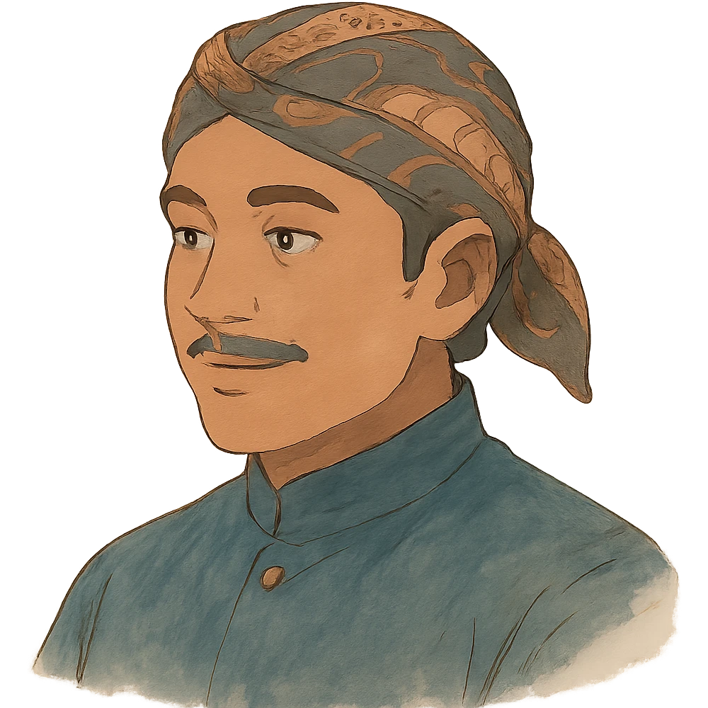 Ghibli style soft colors portrait of a Javanese man wearing a blangkon emoji