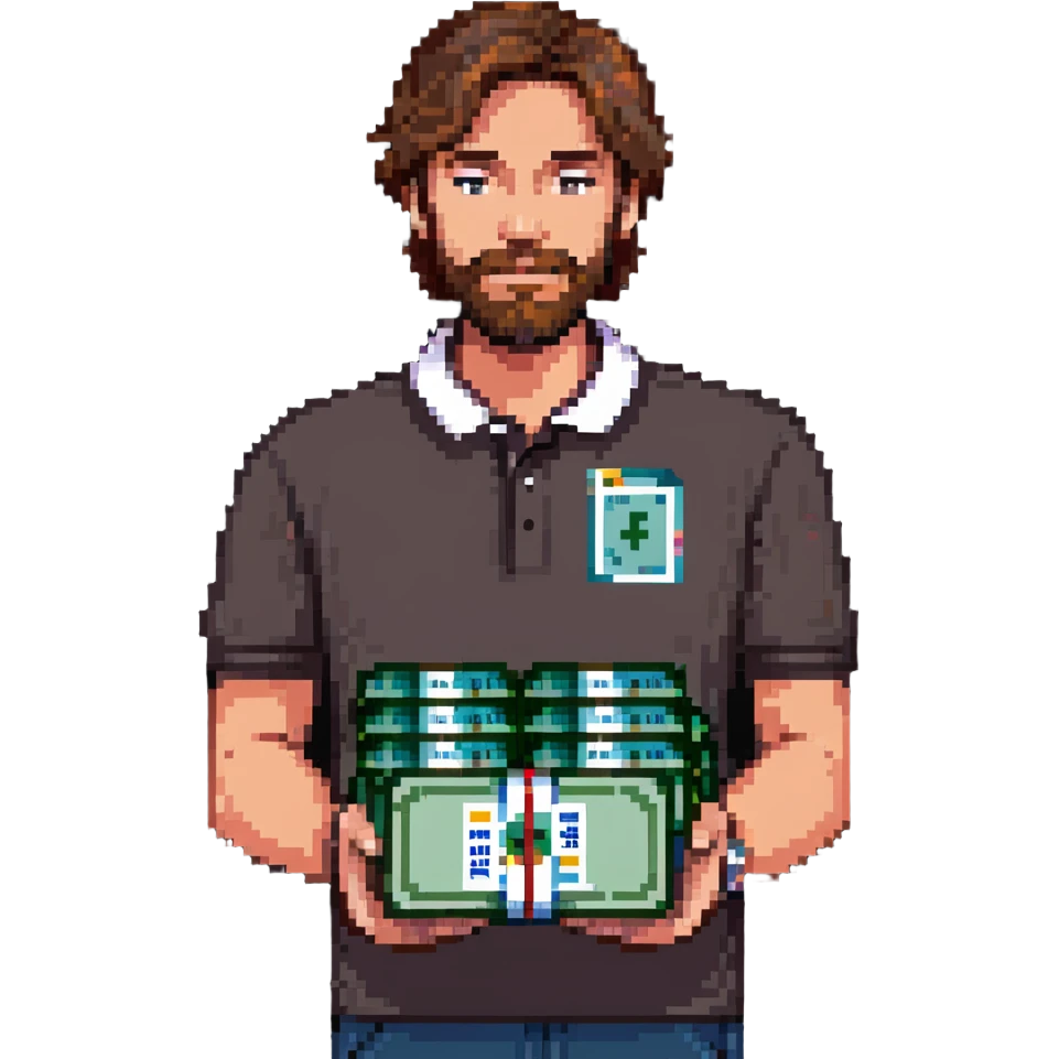 bearded brown-haired man in a polo shirt holding bundles of bills emoji