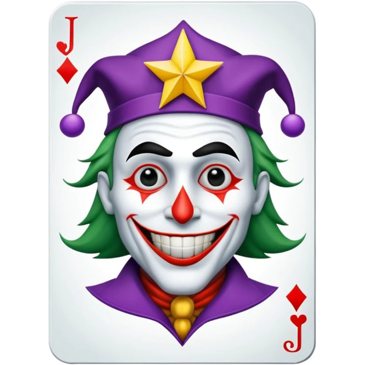 1 poker card, squared, with crazy colorful human jolly joker inside, star symbol with a "J" emoji
