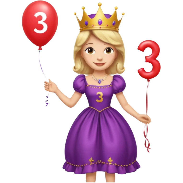 queen wearing dress, holding balloon in shape of number 3 emoji