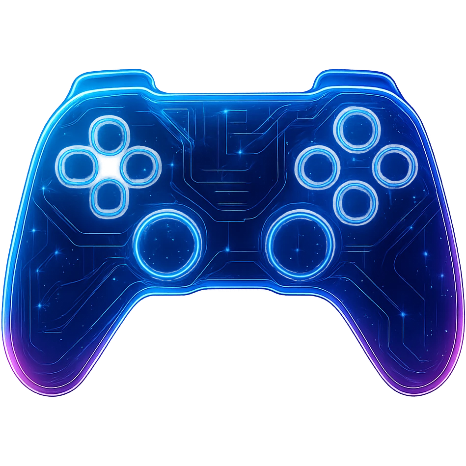 Create a generic game controller in a cyberpunk, holographic style with glowing neon blue and pink edges, circuit patterns throughout the entire controller, and a transparent background. The controller should look futuristic and clean, with a consistent cyberpunk glow and intricate circuit details, matching the style of the previous cyberpunk icons. emoji