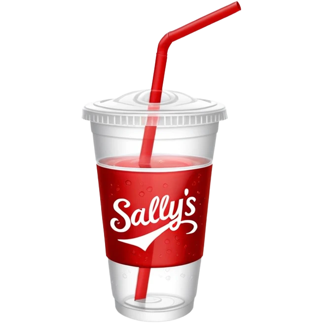 White take out Soda cup with the word “Sally’s” printed on it in red emoji