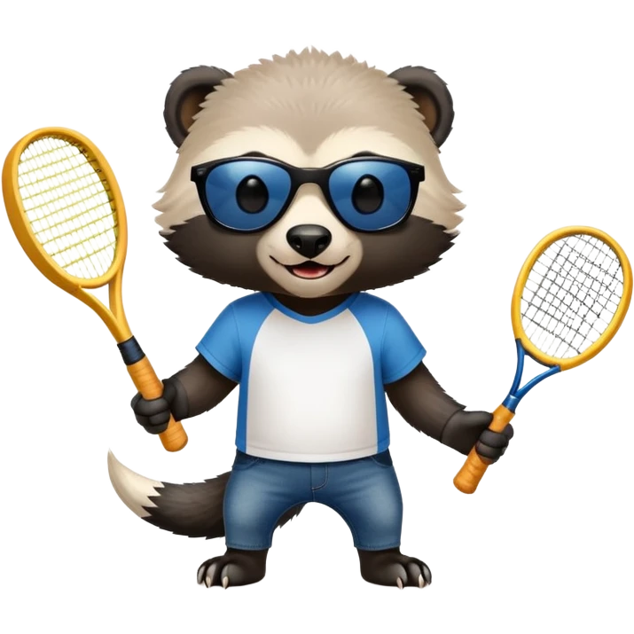 mischievous anthropomorphised honey badger in jeans and a t-shirt, wearing sunglasses, holding a tennis racket emoji