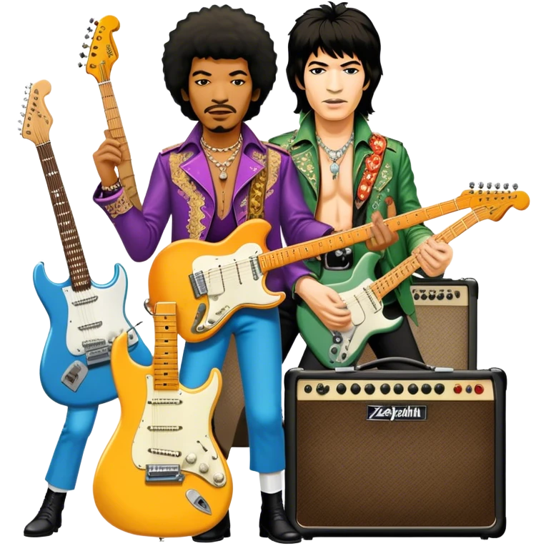 Rock music icon: powerful stage with electric guitars, drums, and amplifiers. Collage of rock icons—Jimi Hendrix, Led Zeppelin, Nirvana, and The Rolling Stones—symbolizing the energy and rebellion of rock. Transparent background. emoji