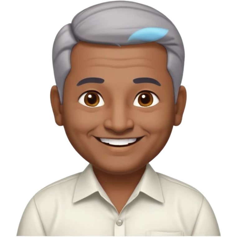 50 yr old indian man, dark skin, grey hair, big smile, white teeth, chubby, no moustache, clean shaven, young style hair, hair brushed back, 5 oclock shadow, bindy, dress shirt, forehead dot, chubby, religious emoji