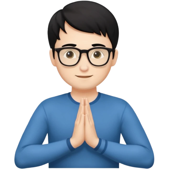 A white Man with black hair doing namaste with wearing specs emoji