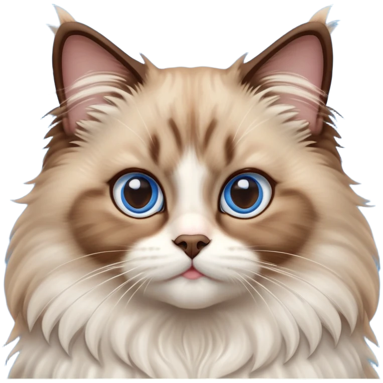 cinematic-adorable-big-eyed-fluffy-brown ragdoll-cat-portrait-emoji,-head-tilted-playfully-with-a-sweet-expression,-fluffy-white and brown-fur,-simplified-yet-irresistibly-cute-features-with-large,-expression, blue eyed ragdoll cat emoji