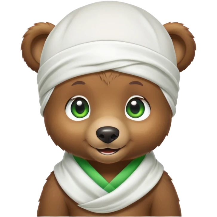 Playful brown bear cub in a white silk durag with a slight smile and bright green eyes, iOS emoji style emoji