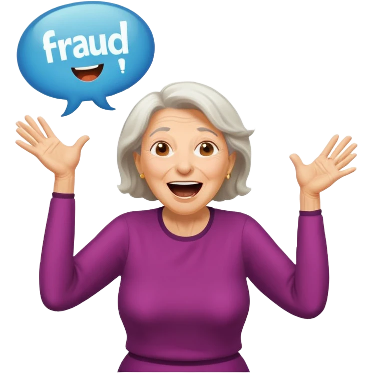 Older Woman jumping screaming and word “fraud” in a bubble emoji