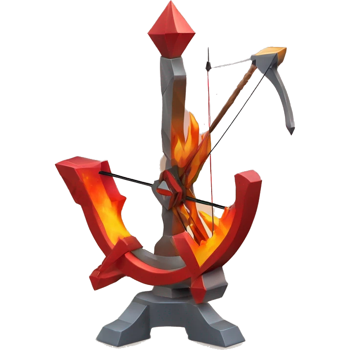 Accurate crossbow sculpture symbolizing Sagittarius with a geometric, faceted design. The symbol is standing upright with angular and disney features. The vibrant red flame colors highlights the sharp edges and planes. emoji