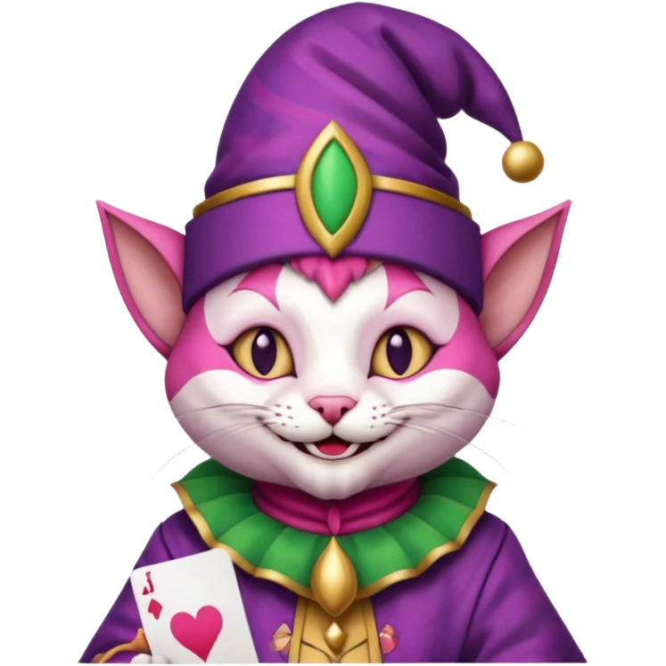 court jester cat medieval, single poker card joker clearly visible, pink, face only emoji