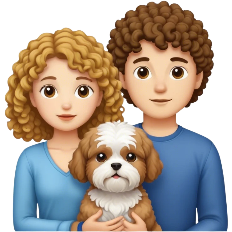 una pareja joven con un perro shitzu. La chica con pelo rizado, el chico piel blanca y sin barba emoji