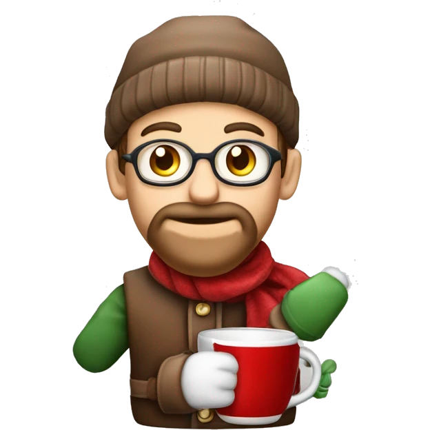 Rentier mit einer kaffe tasse in der hand mit einer santa mütze und schal emoji