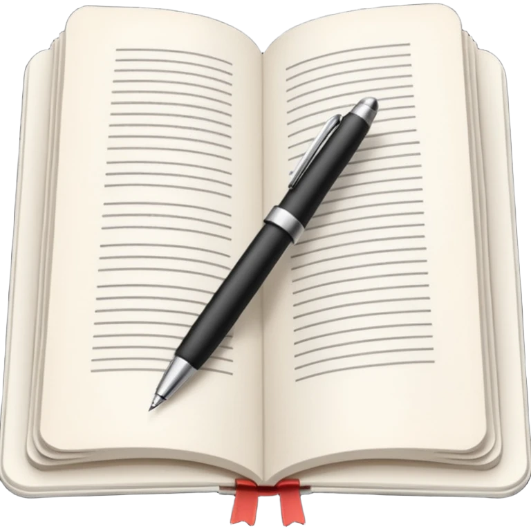 "A white open book,The pen should be positioned as placed exactly in the center between the pages.  if held by a right-handed person - meaning the direction is reversed compared to a left-handed grip. The pen should be uncapped, and the cap placed behind it." emoji