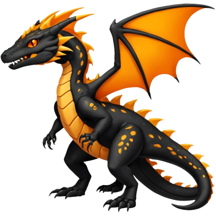 Magmatic fiery badass cool obsidian-Black and golden-orange Helioptile-Amaura-Salandit-Fakémon-hybrid-creature (full body)  emoji