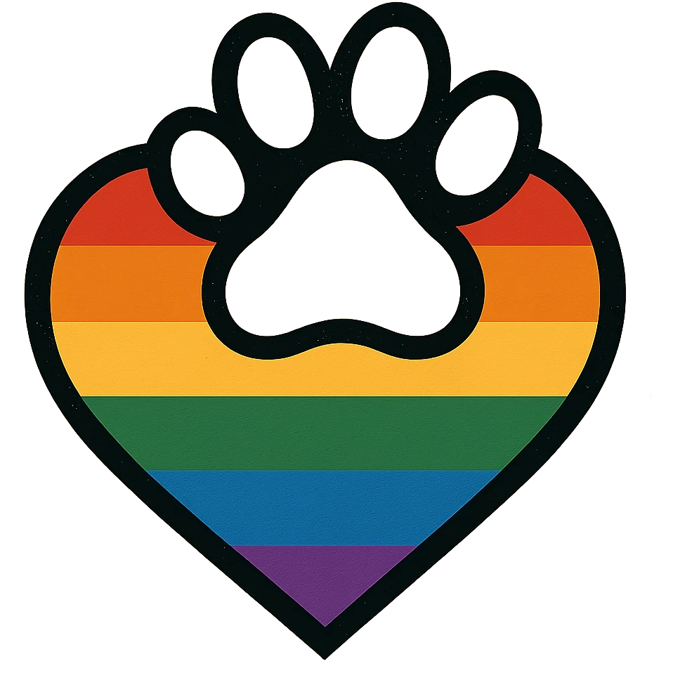 rainbow pride heart with a paw print on top, flat black beige style, no text emoji