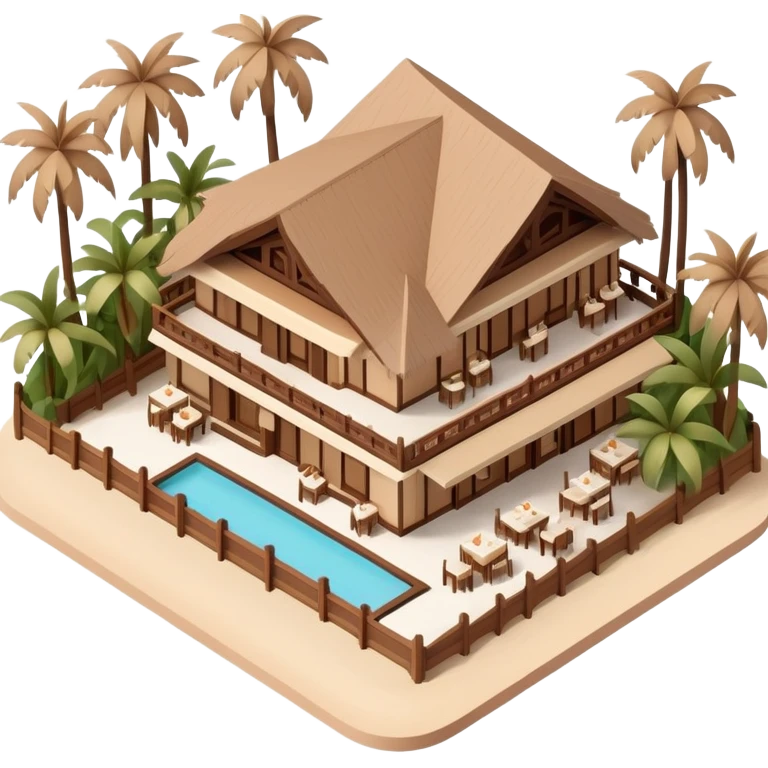 Isometric exterior brown and beige polynesian beach resort restaurant, dollhouse style 3D realistic  emoji