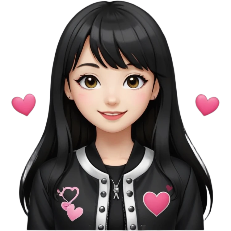 Mujer caucasian, cara redonda, flequillo recto, pelo oscuro lacio con ondas, largo hasta el pecho. Maquillaje marcado con delineado y corazones bajo los ojos. Sonrisa amplia, expresión coqueta-alegre. Estilo japonés, chaqueta varsity negra con blanco, top negro, accesorios góticos/kawaii emoji