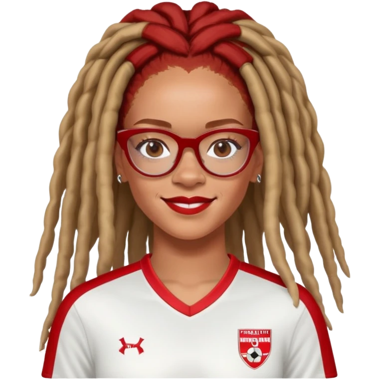 Rihanna with freckles and soccer mom dreadlocks island red and white jersey and cateye eyeglasses beautiful smile emoji