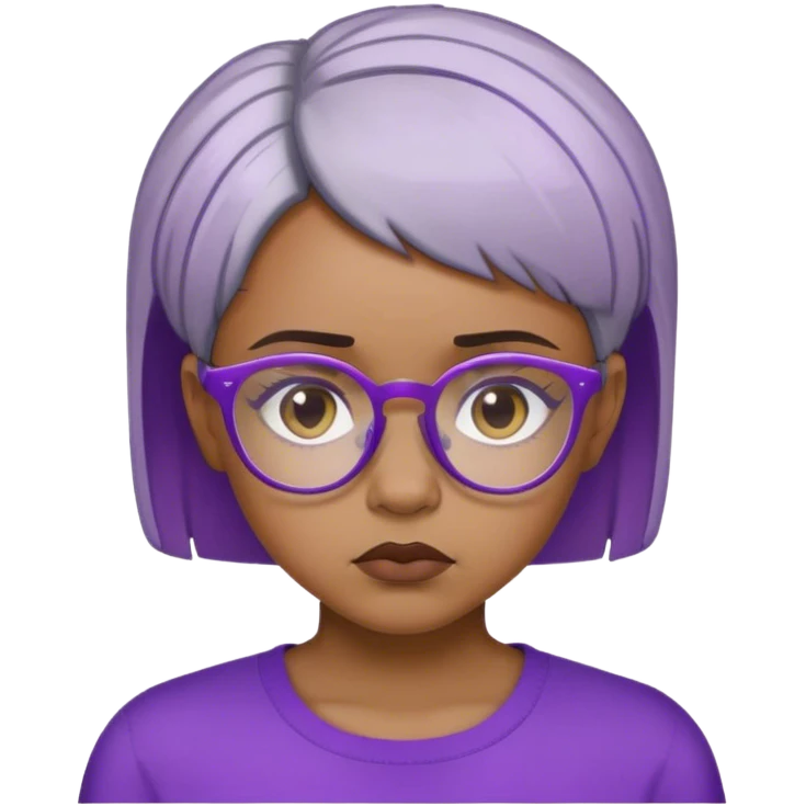 Light skinned Black girl with purple glasses short natural gray haircut sad emoji