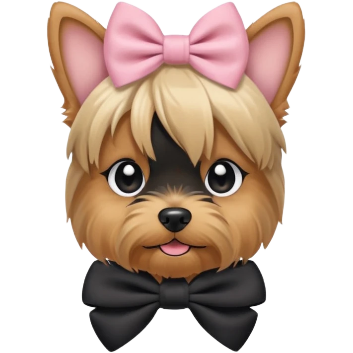 a Yorkshire Terrier face with a ponytail on head tied with a bow. Cute expression, flat design, pastel colors emoji