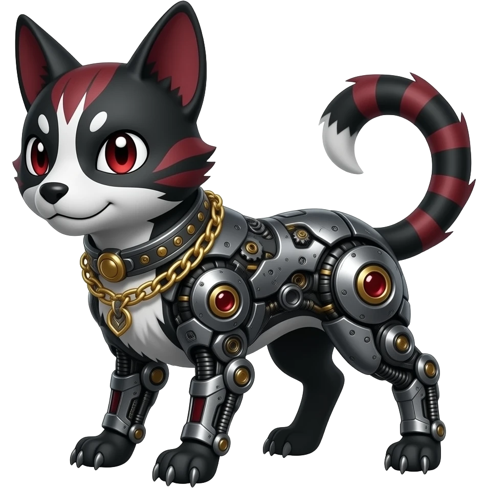 Quadrupedal Epic complex divine glorious futuristic detailed dark dusky gloomy deep gothic sanguine-blood-maroon-black-white, realistic Fakémon-Sprigatito-Floragato-Meowscarada-Trico-Sergal-Serval-Vernid-creature (full body) with metal gears and metal collar with gold chains emoji