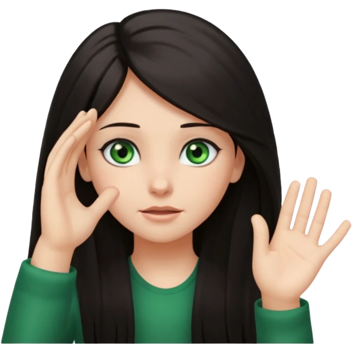 Animated girl dark long hair green eyes emoji holding right side of the head with her hand with duh facial expression , hand on top of her head emoji