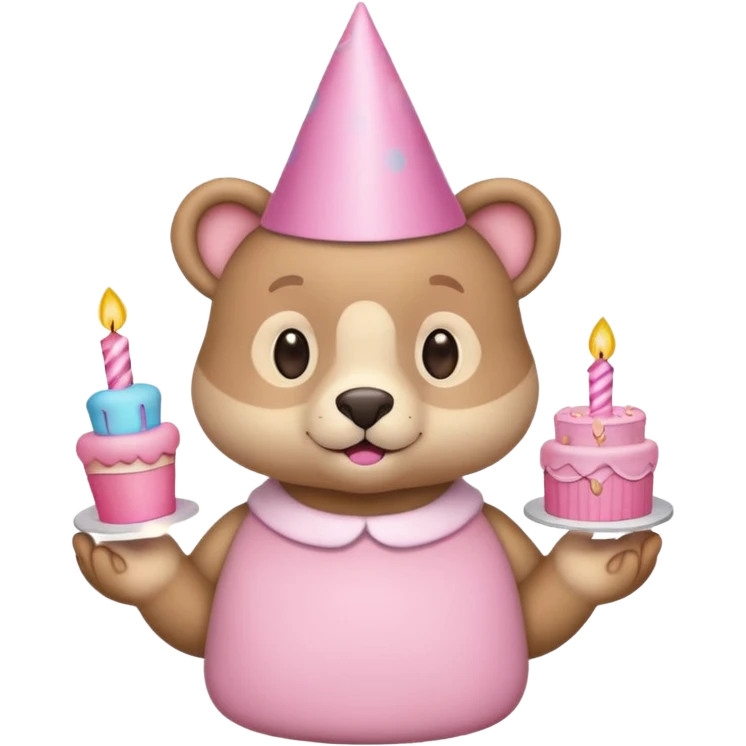 cute animal hold a pink birthday cake in both arms with pink birthday hat emoji