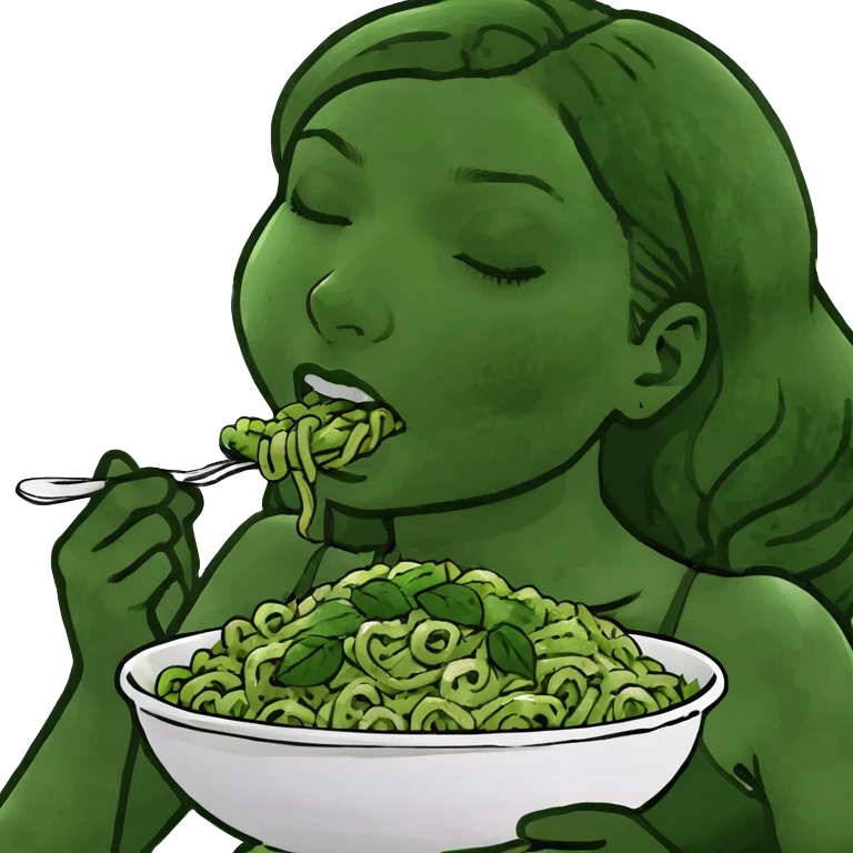 Brown haired girl eating green pasta asleep emoji