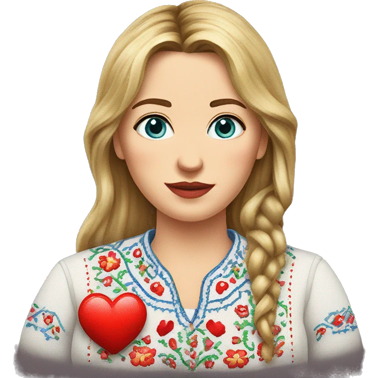 A Ukrainian woman in an embroidered shirt holds a heart in her hands emoji