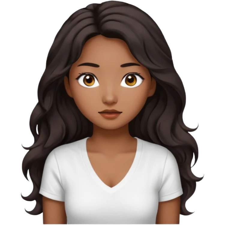 iOS style emoji. A girl with very long dark brown wavy hair. And the eyes color is dark brown. And she is wearing white t shirt with V kneck. And she is 30. She is Asian with double eyelids  emoji