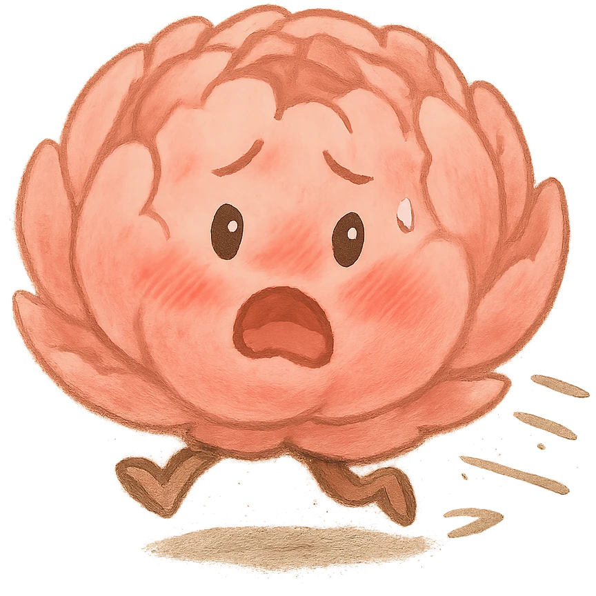 round chibi pastel pink peony flower with blushing cheeks and a panicked expression, rushing with tiny legs, soft ghibli style emoji