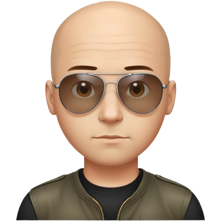 Oval-faced man with large forehead, aviator sunglasses with metal frame, extremely short dark hair with completely bald sides (skin fade), light tan skin, friendly neutral expression, black shirt emoji