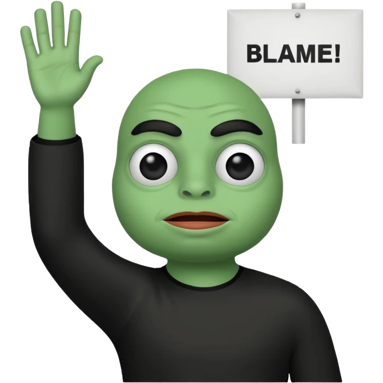 Animated pepe holding sign with 2 hands up in the air and write on it blame epiic emoji