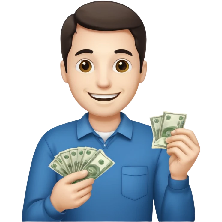 Make an emoji of a photorealistic adult man holding money in his hands. He has a smile on his face. He looks like an adult. the skin should be white. 4 options emoji