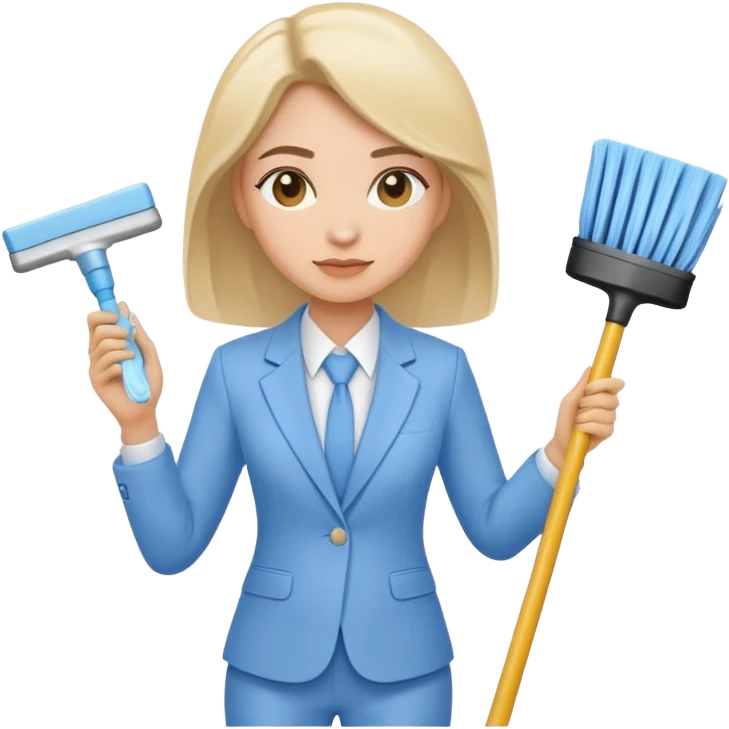 light-skinned woman in a light blue suit cleaning emoji