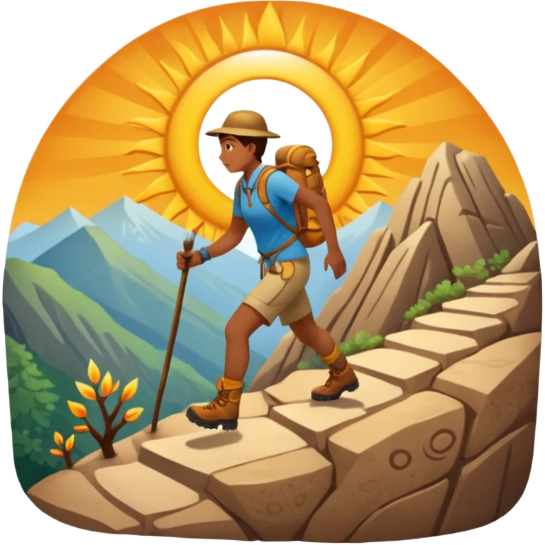 
una mezcla de sol + montaña + caminante estilo petroglifo con un espiral tipo energía ancestral emoji