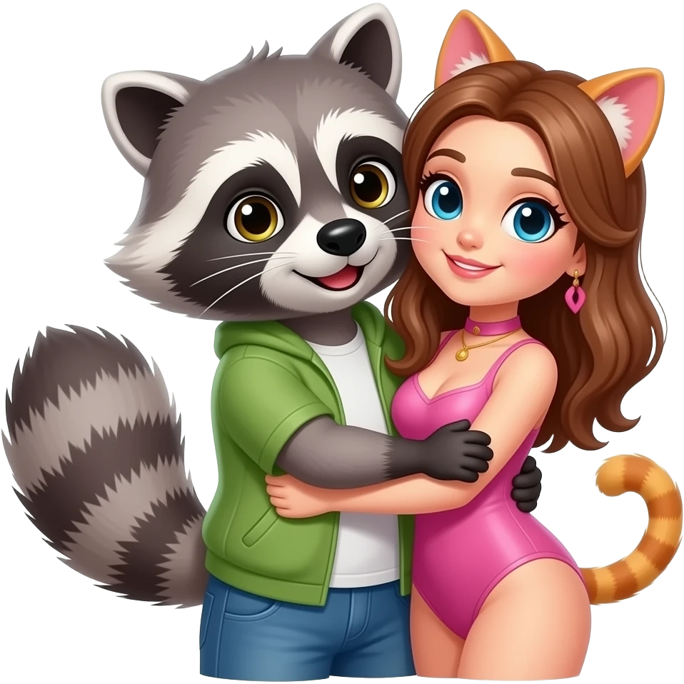 hot raccoon guy is hugging cute, sexy cat girl emoji