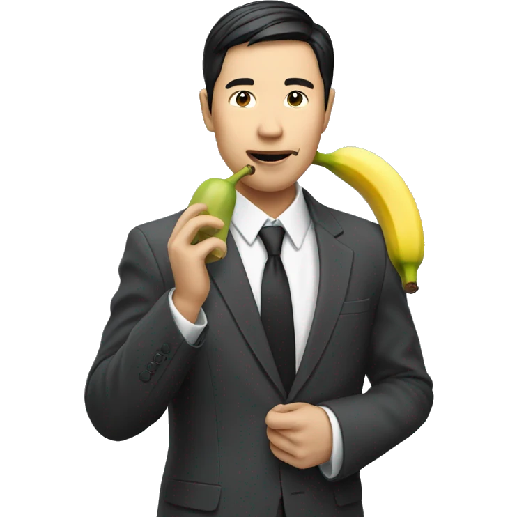 An Asian man in a suit is eating a banana in his hand. emoji