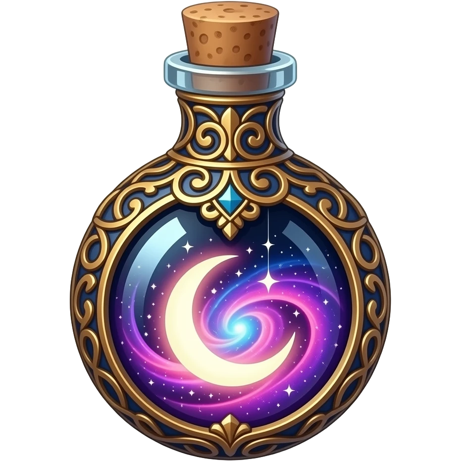ornate glass vial with metallic filigree, swirling cosmic nebula inside, glowing purple‑pink‑blue light, crescent moon and tiny stars suspended in liquid, ethereal magical atmosphere emoji