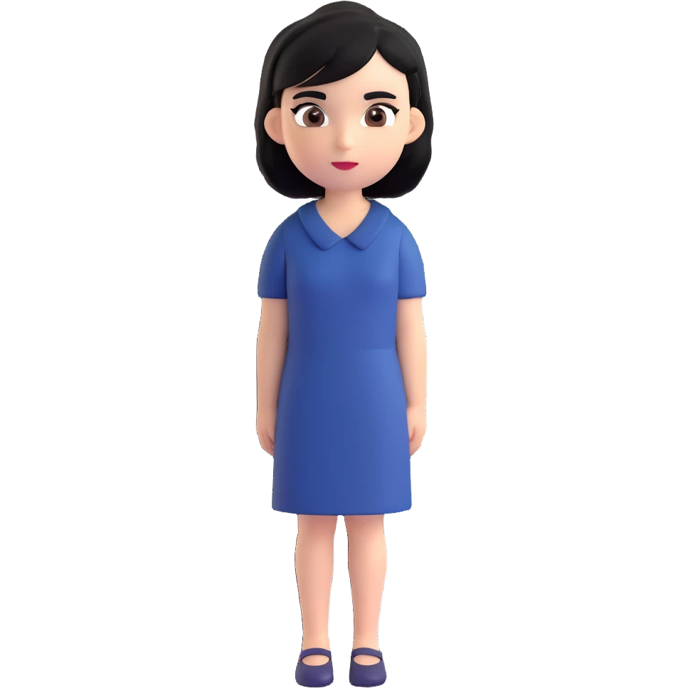 A girl with black hair, dark brown eyes, a beautiful face, short, straight hair to the shoulders, and a navy blue dress. emoji