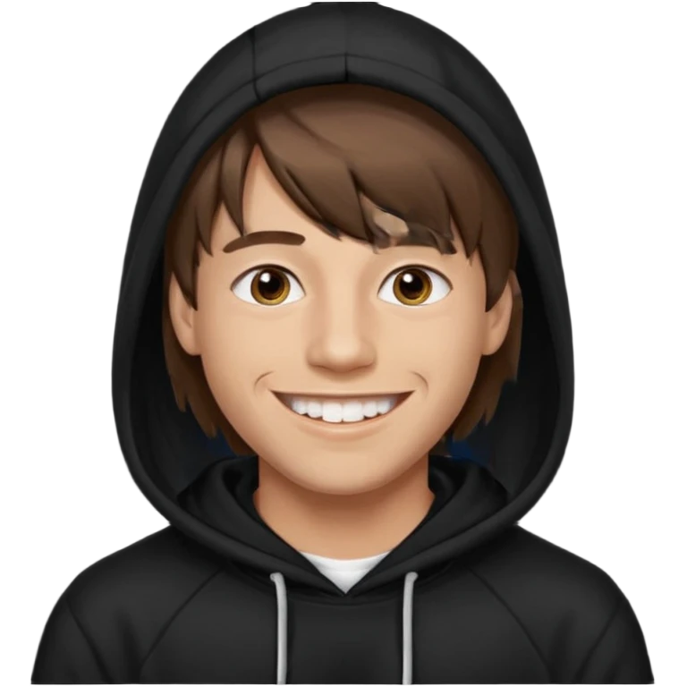 20 yr old man, brown hair, straight, big smile, white teeth, tanned skin, bangs, black hooded sweatshirt, long hair in back, center-parted bangs emoji