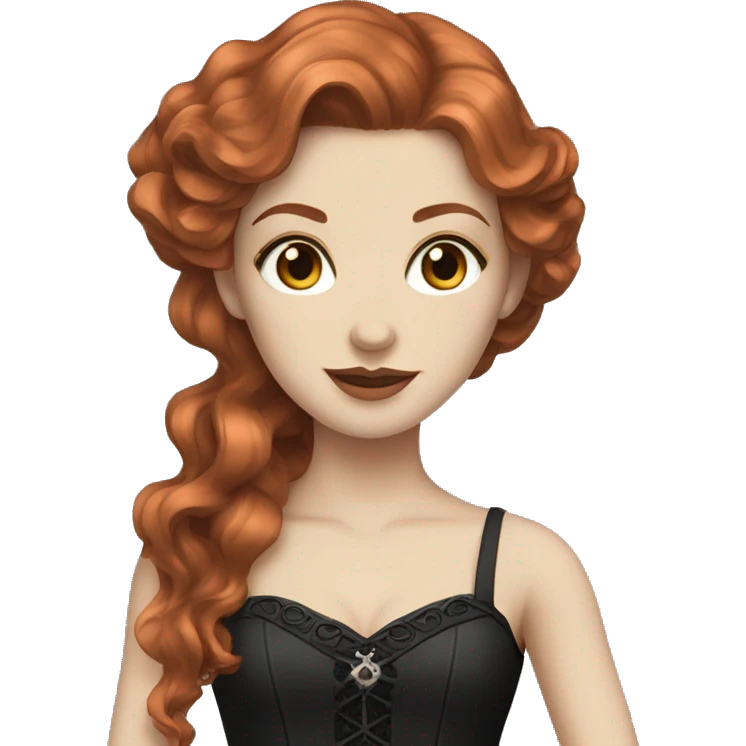 A woman with long wavy copper hair, hazel eyes, white skin and wearing an elegant gothic dress emoji
