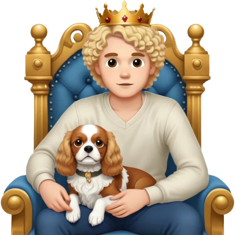 22 years old man blonde short curly hair  with a King Charles spaniel on his lap on a throne emoji