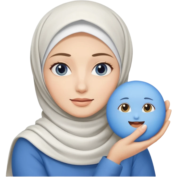 white pretty woman with white hijab holding a blue cushion foundation emoji emoji