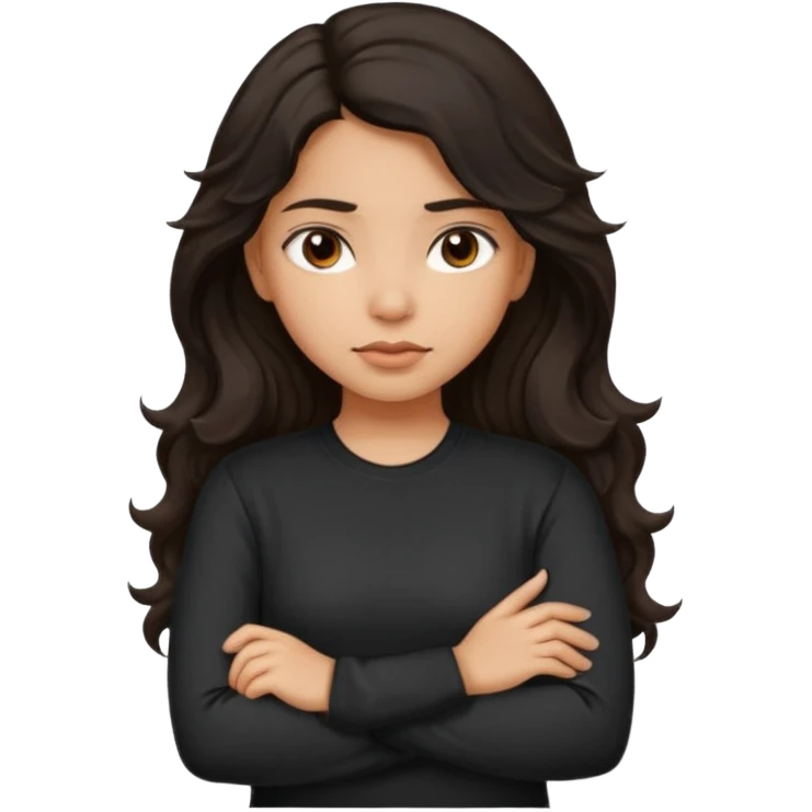 Hispanic girl dark long wavy hair crossing her arms with slight pout wearing a black long sleeve shirt emoji