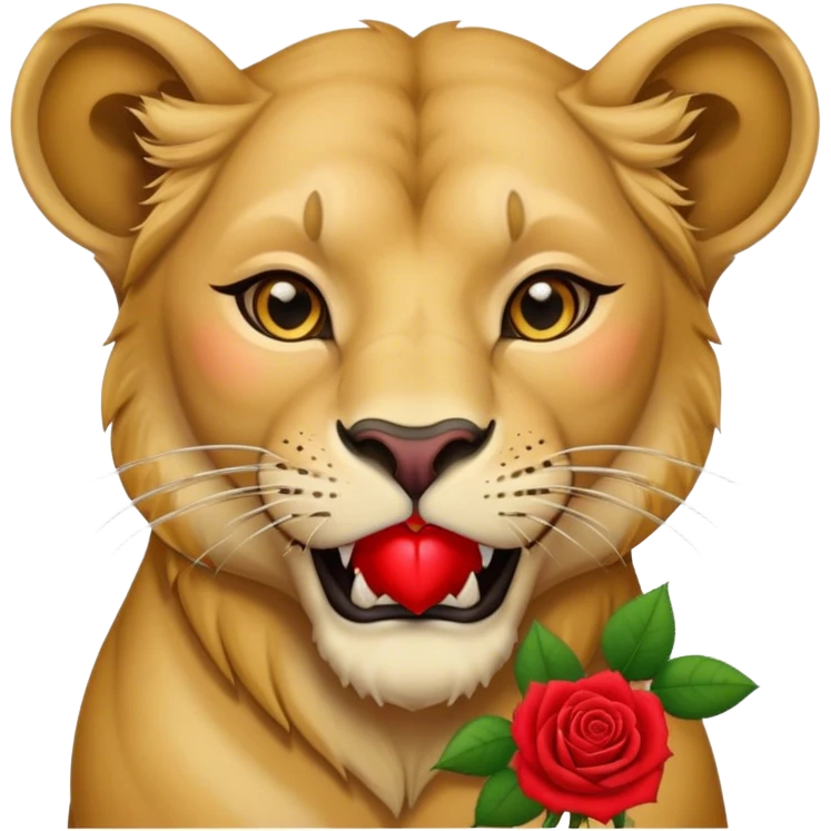 A wild lioness holds a rose in her mouth emoji